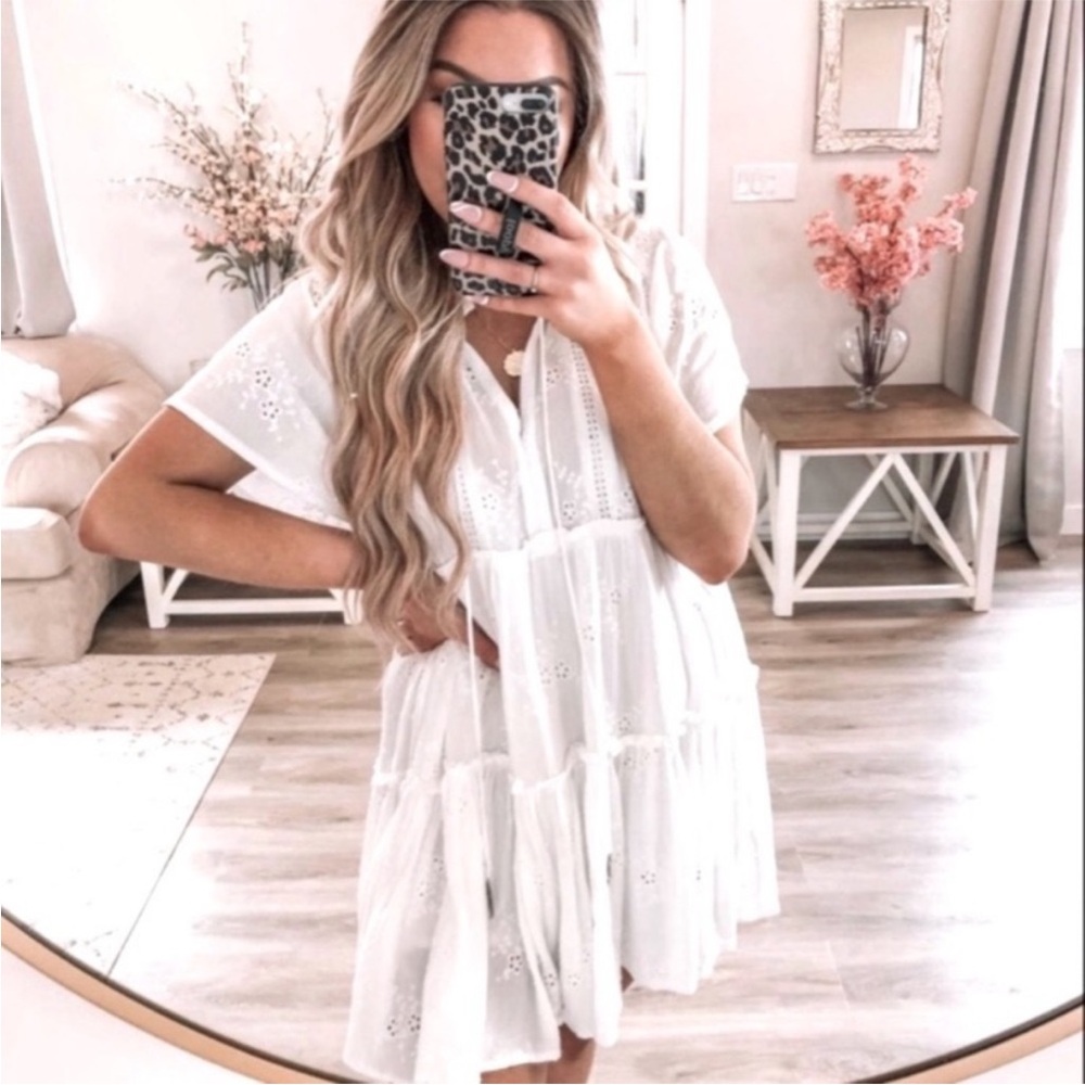 VICI White Eyelet Tiered Mini Dress Small